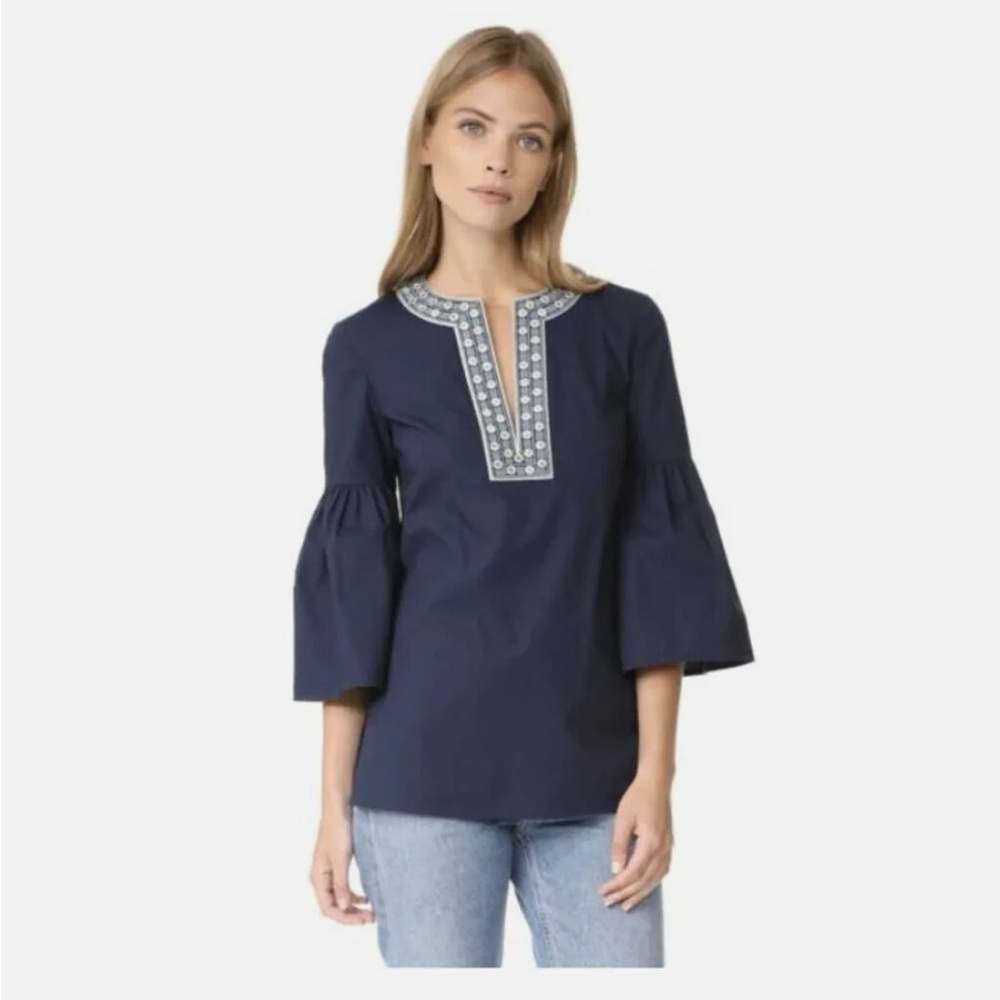 Tory Burch Ariana Bell Sleeve Tunic Top in Navy Blue. size 12